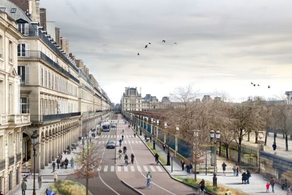 پیرس: روئی دی ریولی کا نیا روپ – بس لین، نئے فٹ پاتھ، اور سرسبز ماحول